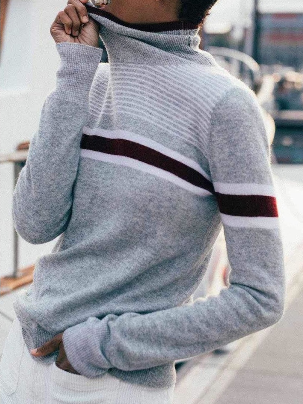 Faherty Solange Cashmere Sweater Pullover Turtleneck Heather Gray Burgundy L